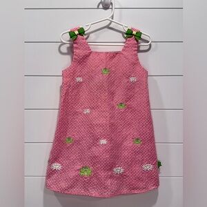 Bonnie Jean Pink Gingham Dress with Green Polka Dot Bow
